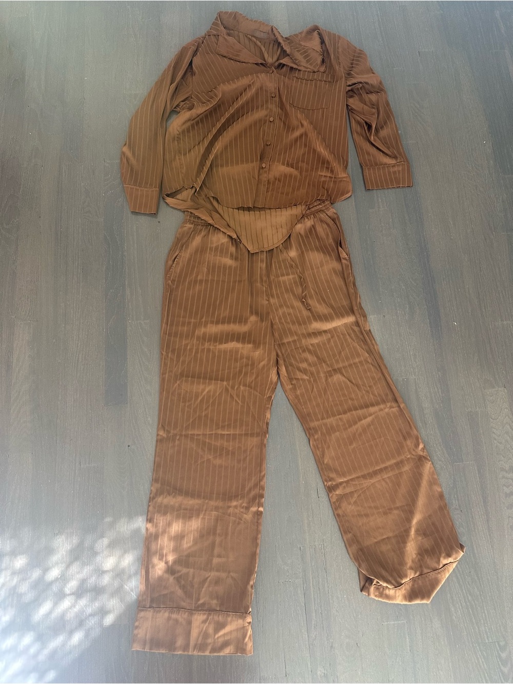 nuuds Chocolate Pinstripe Satin Pajama Set XL NWOT